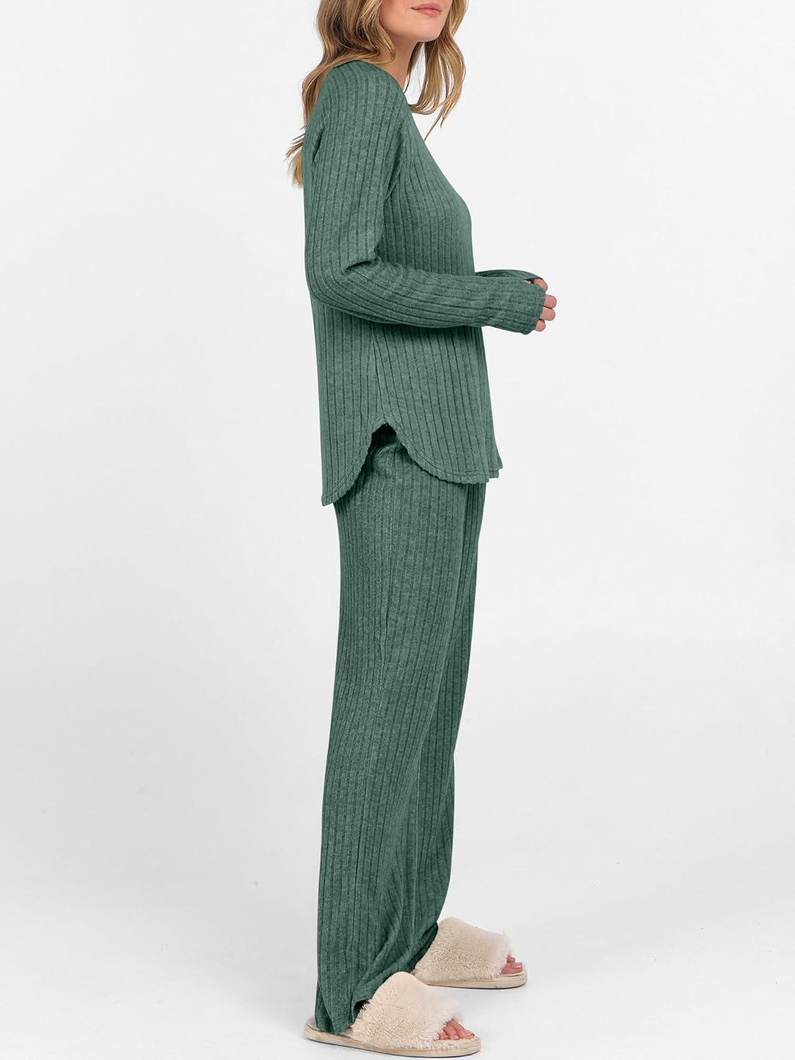 imageANRABESS Womens 2 Piece Lounge Pajama Sets Ribbed Knit Long Sleeve Tunic Tops Matching Pants Casual Fall Sleepwear OutfitsGreen