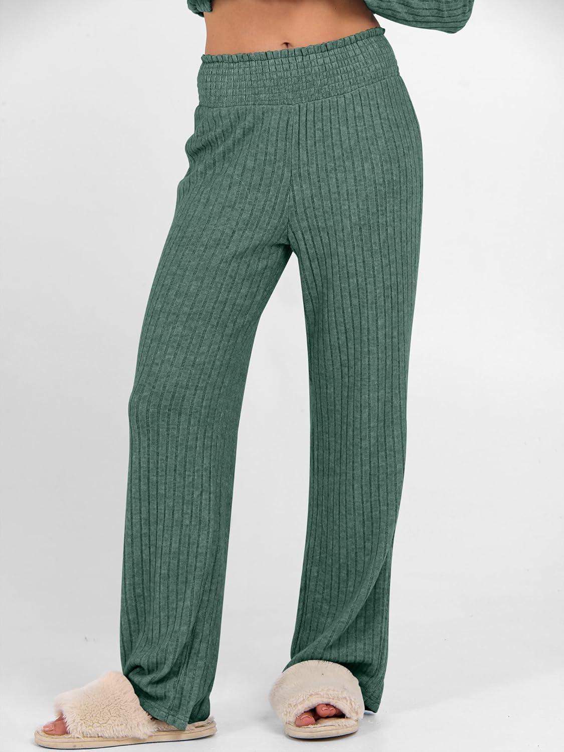 imageANRABESS Womens 2 Piece Lounge Pajama Sets Ribbed Knit Long Sleeve Tunic Tops Matching Pants Casual Fall Sleepwear OutfitsGreen