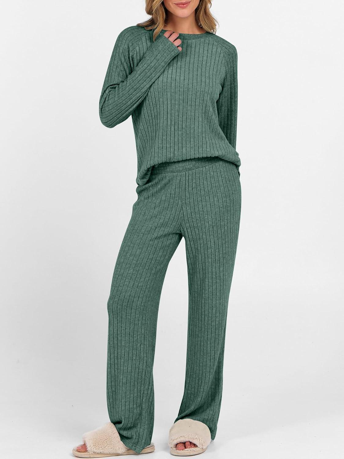 imageANRABESS Womens 2 Piece Lounge Pajama Sets Ribbed Knit Long Sleeve Tunic Tops Matching Pants Casual Fall Sleepwear OutfitsGreen