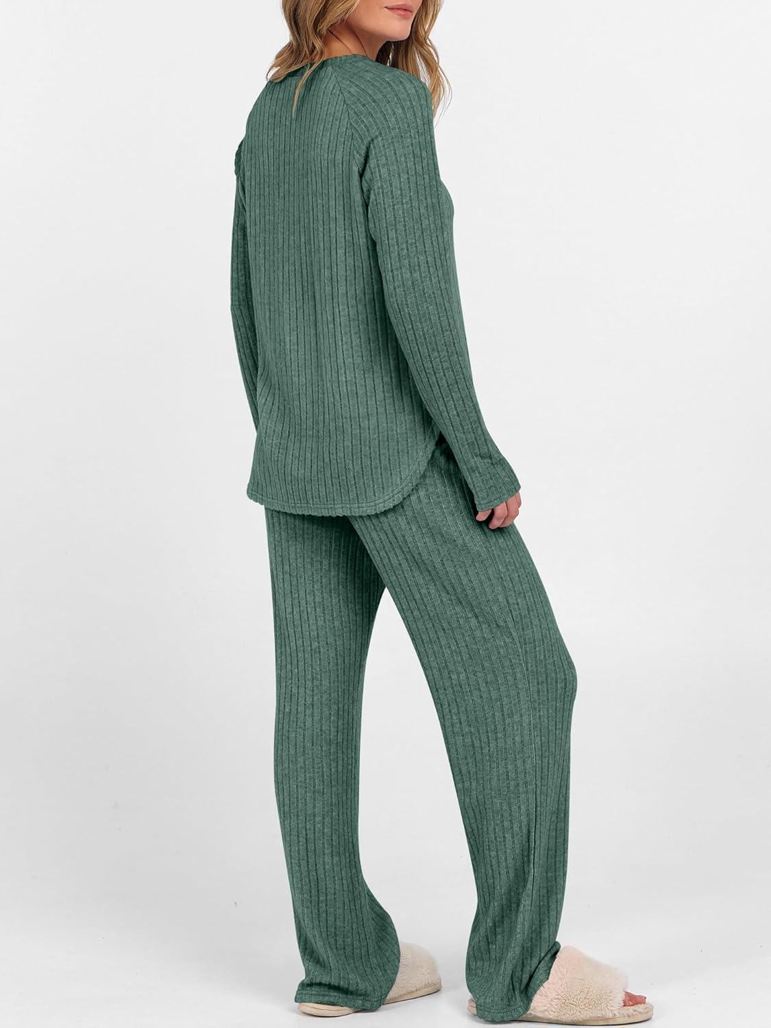 imageANRABESS Womens 2 Piece Lounge Pajama Sets Ribbed Knit Long Sleeve Tunic Tops Matching Pants Casual Fall Sleepwear OutfitsGreen