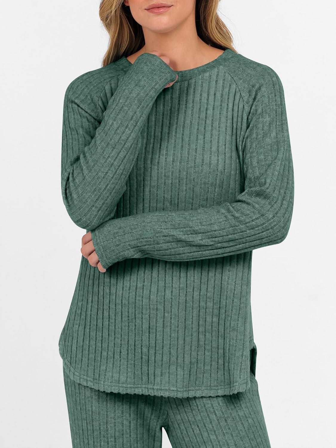imageANRABESS Womens 2 Piece Lounge Pajama Sets Ribbed Knit Long Sleeve Tunic Tops Matching Pants Casual Fall Sleepwear OutfitsGreen