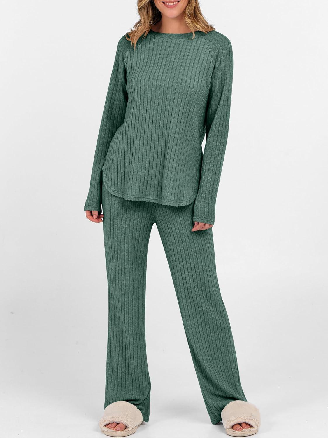 imageANRABESS Womens 2 Piece Lounge Pajama Sets Ribbed Knit Long Sleeve Tunic Tops Matching Pants Casual Fall Sleepwear OutfitsGreen