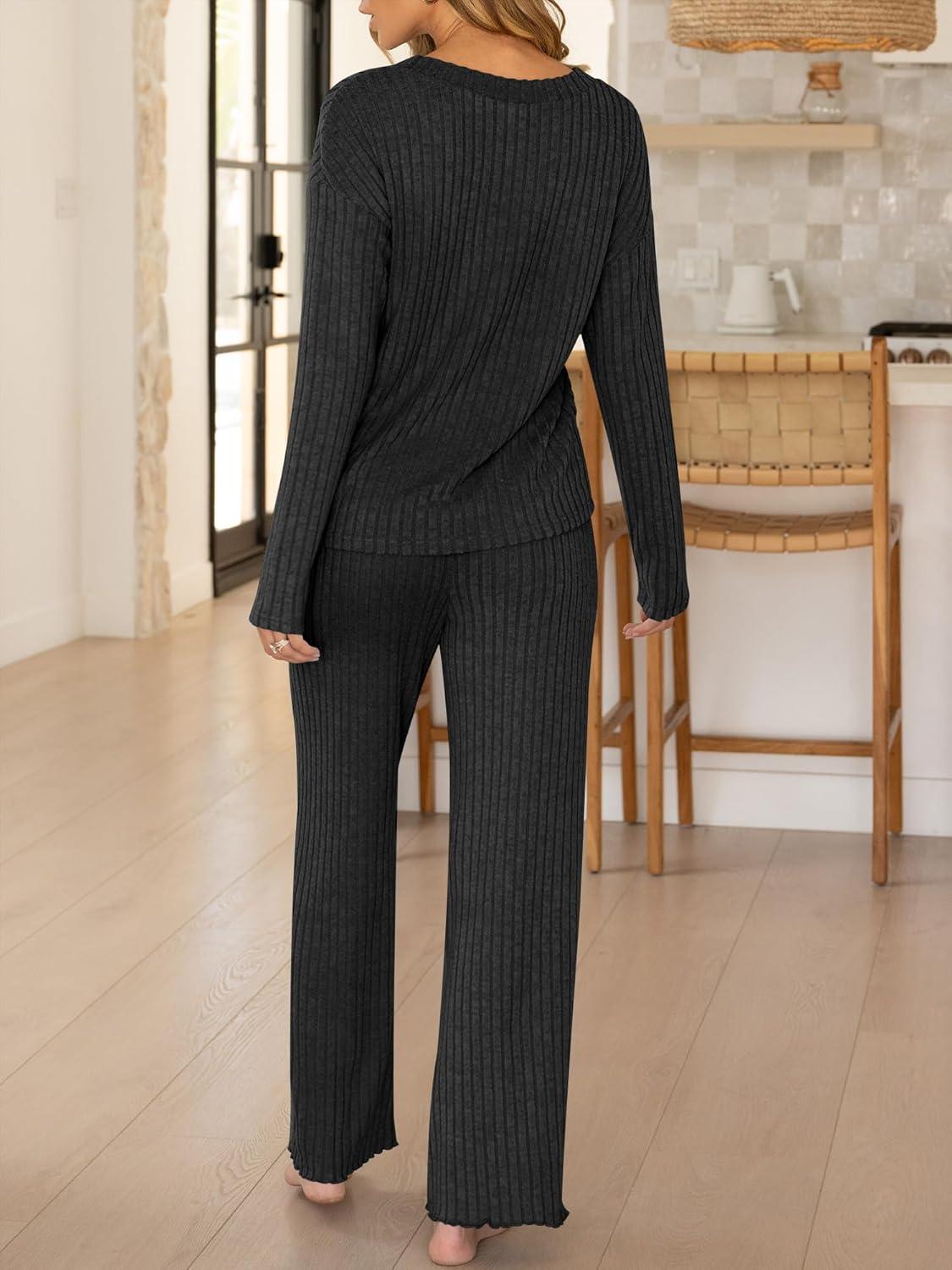 imageANRABESS Womens 2 Piece Lounge Pajama Sets Ribbed Long Sleeve Button Top Matching Pants Sleepwear PJ Set 2025 Fall OutfitsBlack