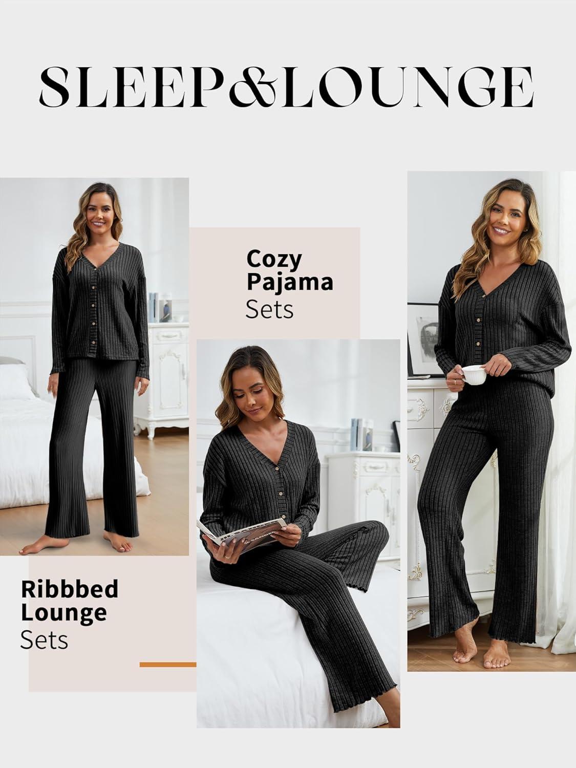 imageANRABESS Womens 2 Piece Lounge Pajama Sets Ribbed Long Sleeve Button Top Matching Pants Sleepwear PJ Set 2025 Fall OutfitsBlack
