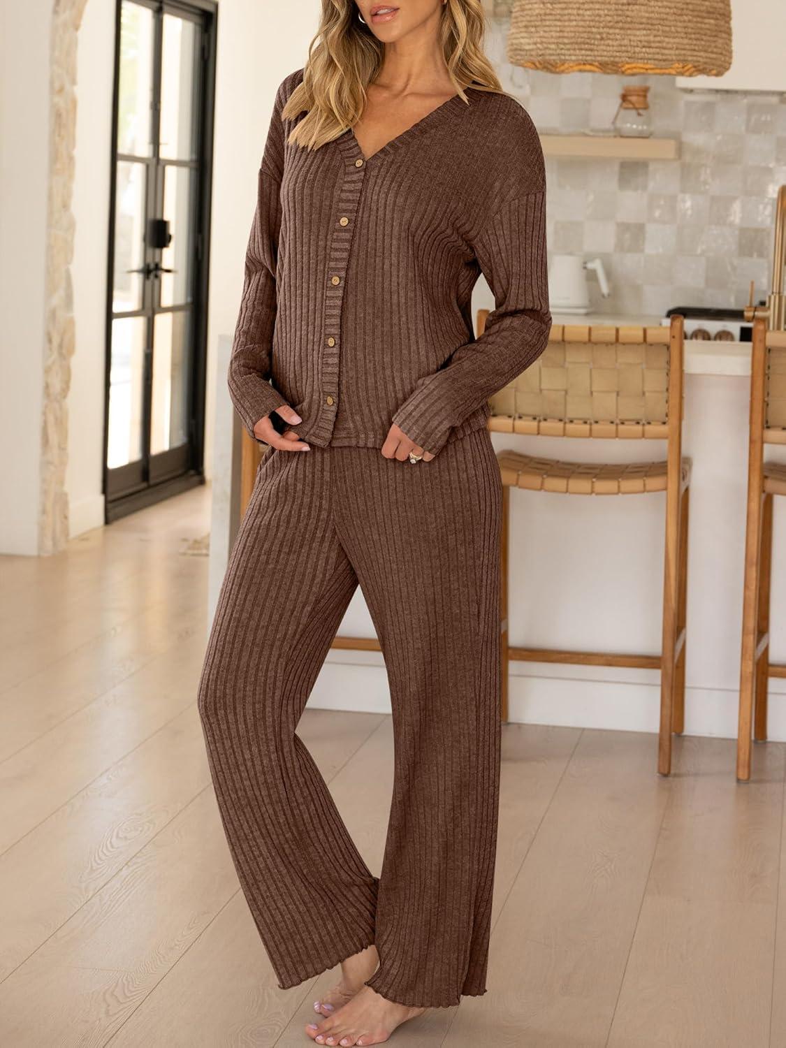 imageANRABESS Womens 2 Piece Lounge Pajama Sets Ribbed Long Sleeve Button Top Matching Pants Sleepwear PJ Set 2025 Fall OutfitsBrown