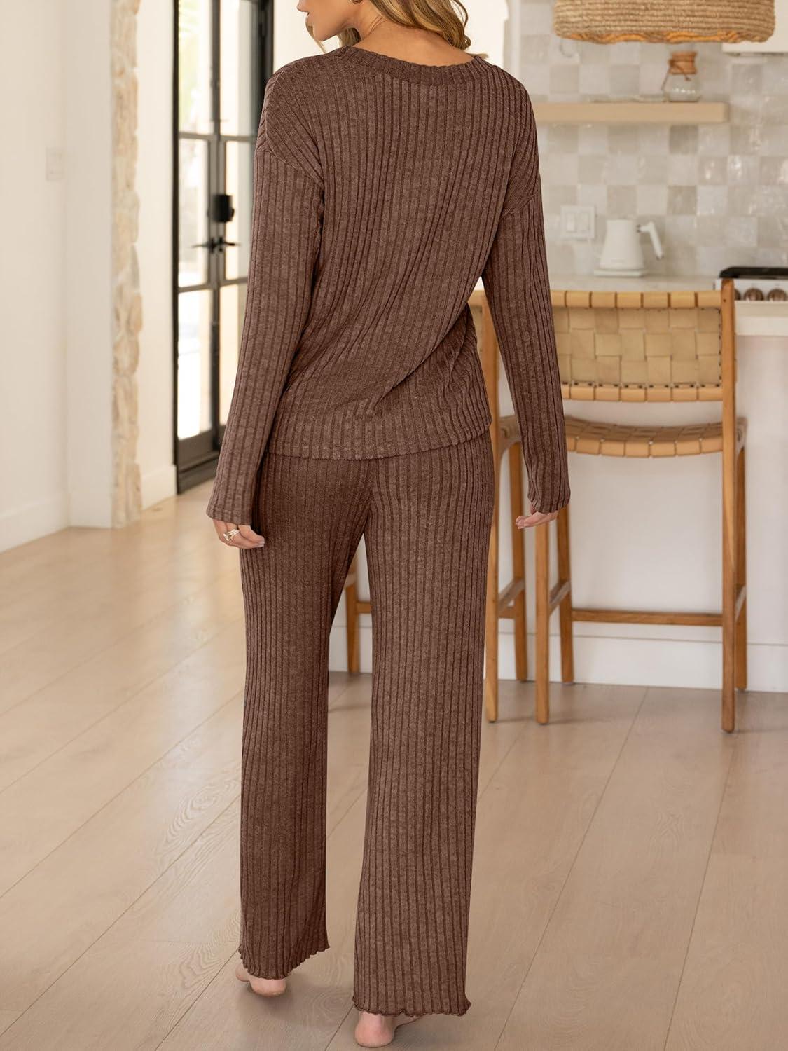 imageANRABESS Womens 2 Piece Lounge Pajama Sets Ribbed Long Sleeve Button Top Matching Pants Sleepwear PJ Set 2025 Fall OutfitsBrown