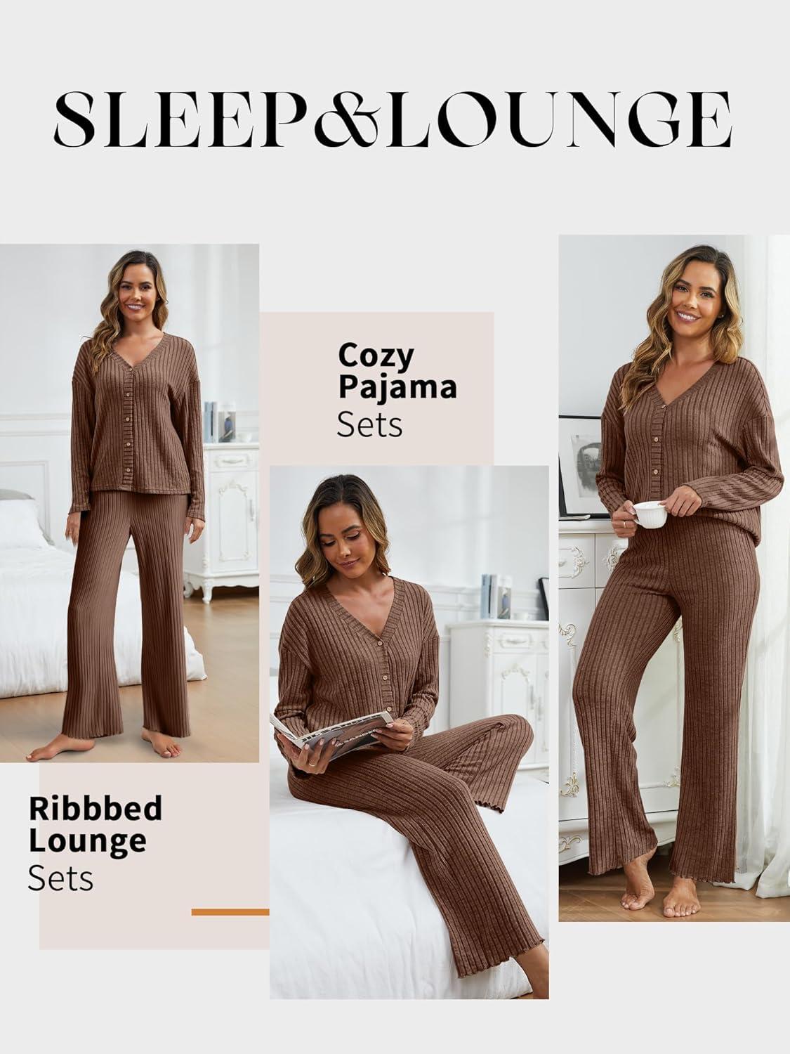 imageANRABESS Womens 2 Piece Lounge Pajama Sets Ribbed Long Sleeve Button Top Matching Pants Sleepwear PJ Set 2025 Fall OutfitsBrown