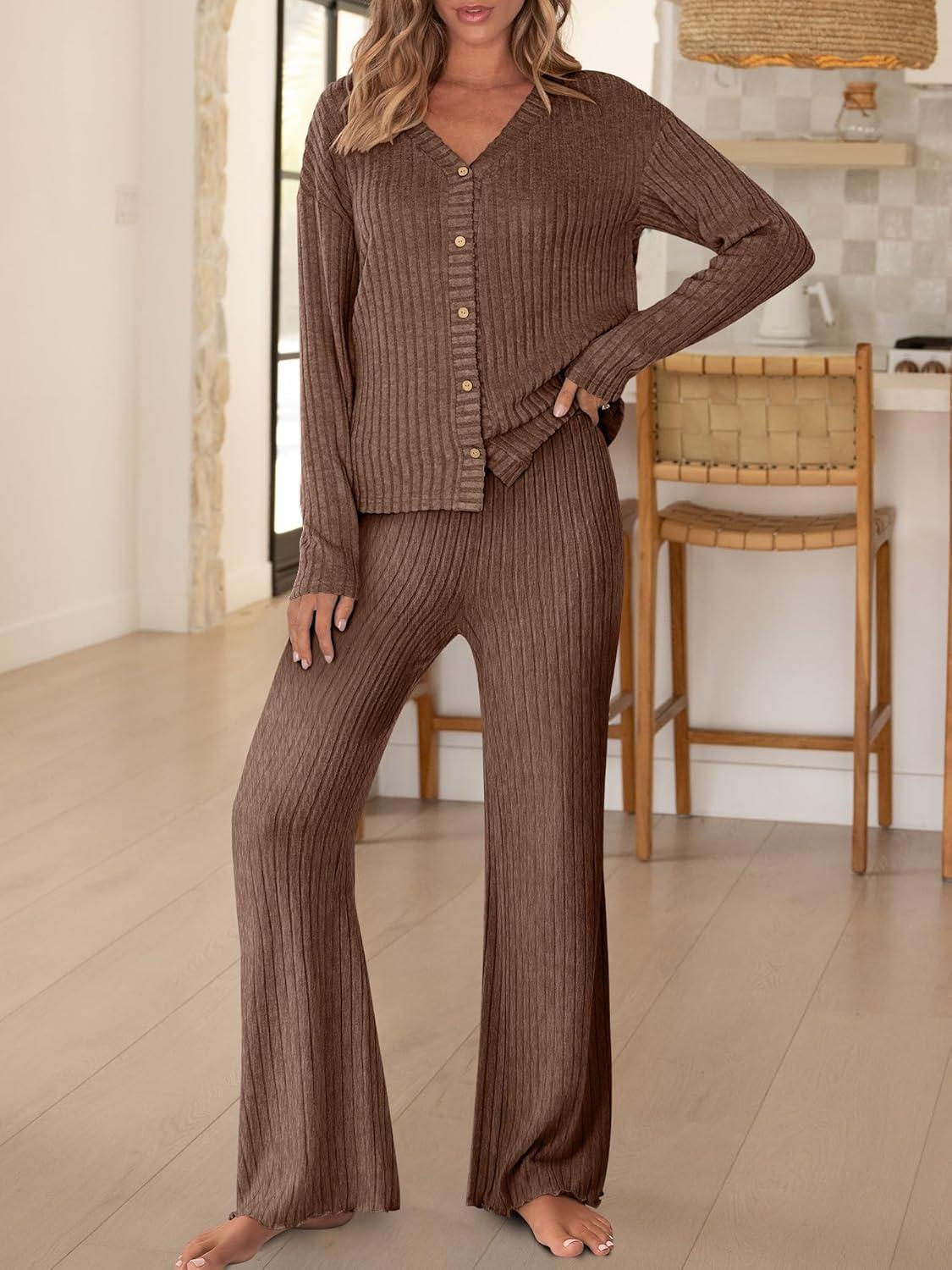 imageANRABESS Womens 2 Piece Lounge Pajama Sets Ribbed Long Sleeve Button Top Matching Pants Sleepwear PJ Set 2025 Fall OutfitsBrown