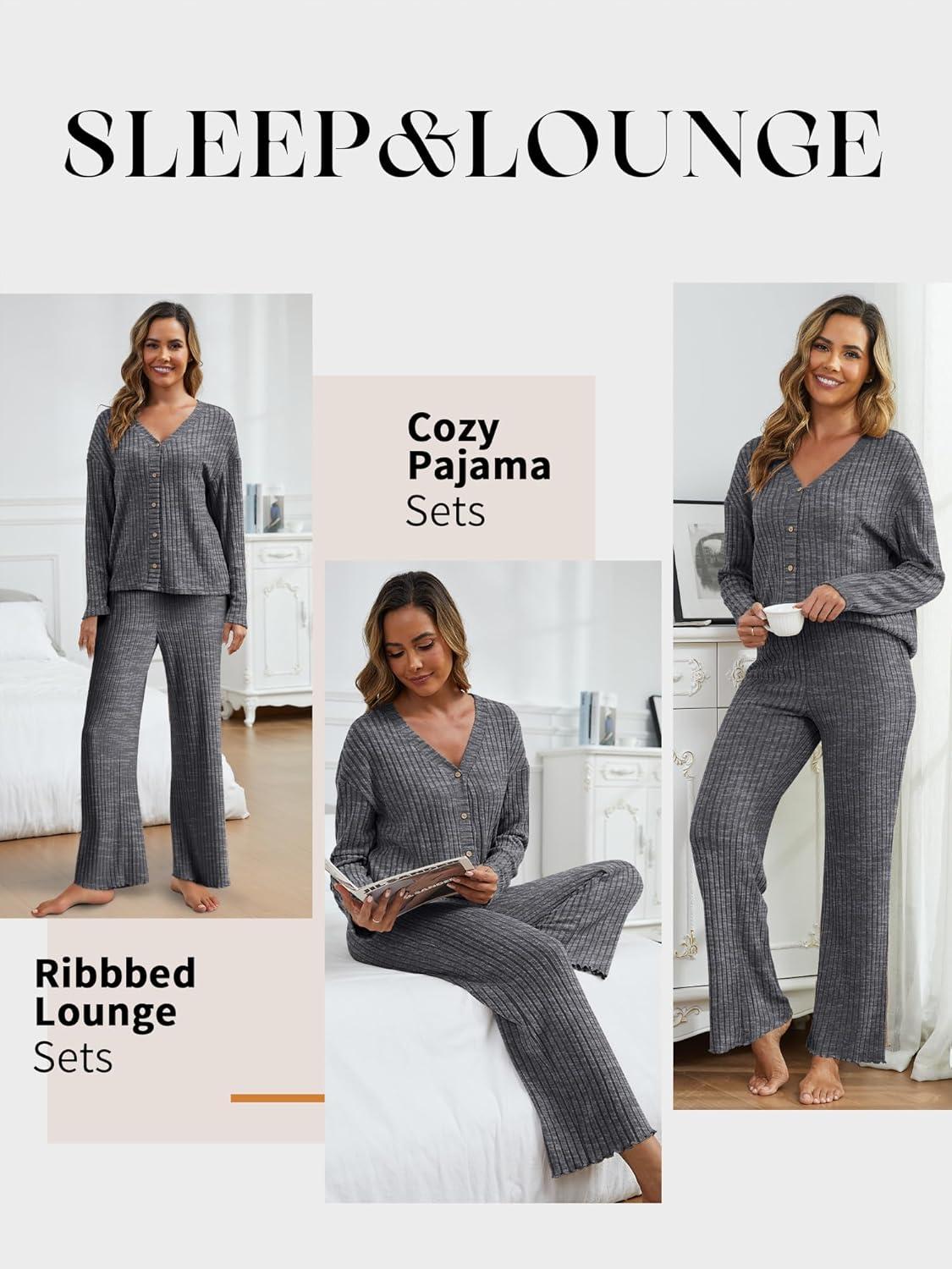 imageANRABESS Womens 2 Piece Lounge Pajama Sets Ribbed Long Sleeve Button Top Matching Pants Sleepwear PJ Set 2025 Fall OutfitsDeep Grey