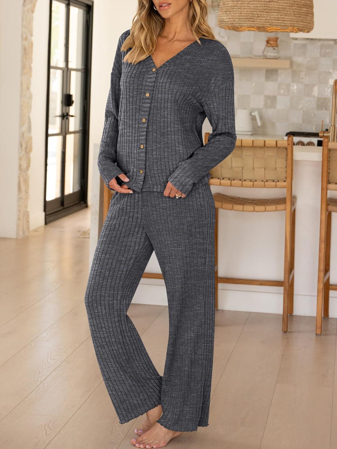 imageANRABESS Womens 2 Piece Lounge Pajama Sets Ribbed Long Sleeve Button Top Matching Pants Sleepwear PJ Set 2025 Fall OutfitsDeep Grey