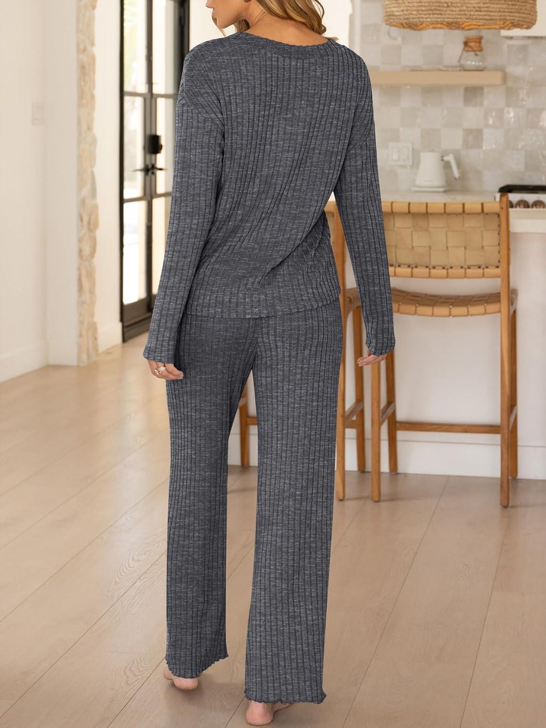 imageANRABESS Womens 2 Piece Lounge Pajama Sets Ribbed Long Sleeve Button Top Matching Pants Sleepwear PJ Set 2025 Fall OutfitsDeep Grey