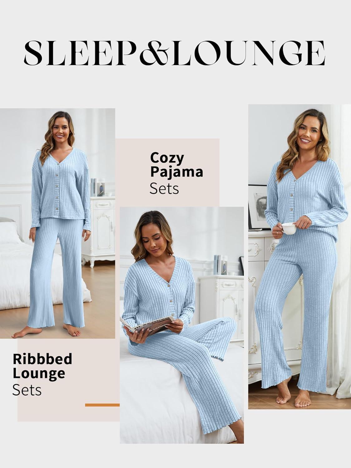 imageANRABESS Womens 2 Piece Lounge Pajama Sets Ribbed Long Sleeve Button Top Matching Pants Sleepwear PJ Set 2025 Fall OutfitsLight Blue