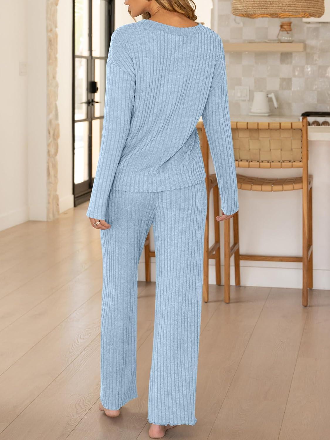 imageANRABESS Womens 2 Piece Lounge Pajama Sets Ribbed Long Sleeve Button Top Matching Pants Sleepwear PJ Set 2025 Fall OutfitsLight Blue