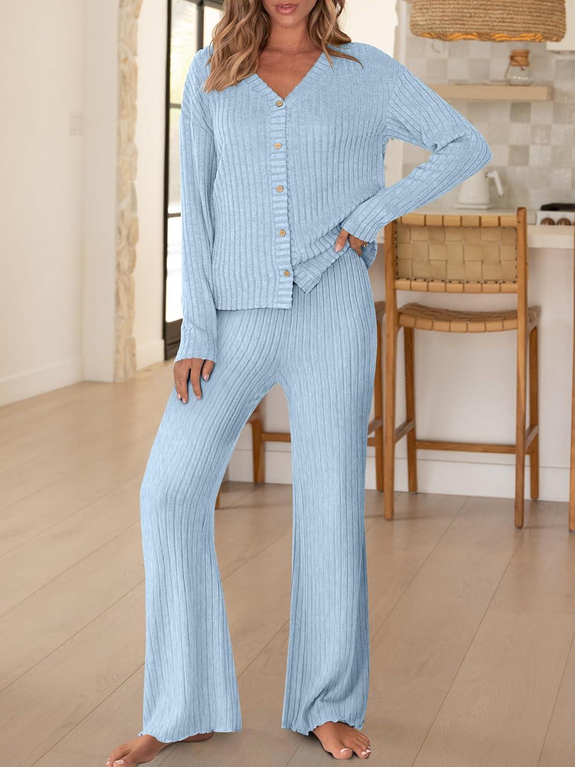 imageANRABESS Womens 2 Piece Lounge Pajama Sets Ribbed Long Sleeve Button Top Matching Pants Sleepwear PJ Set 2025 Fall OutfitsLight Blue