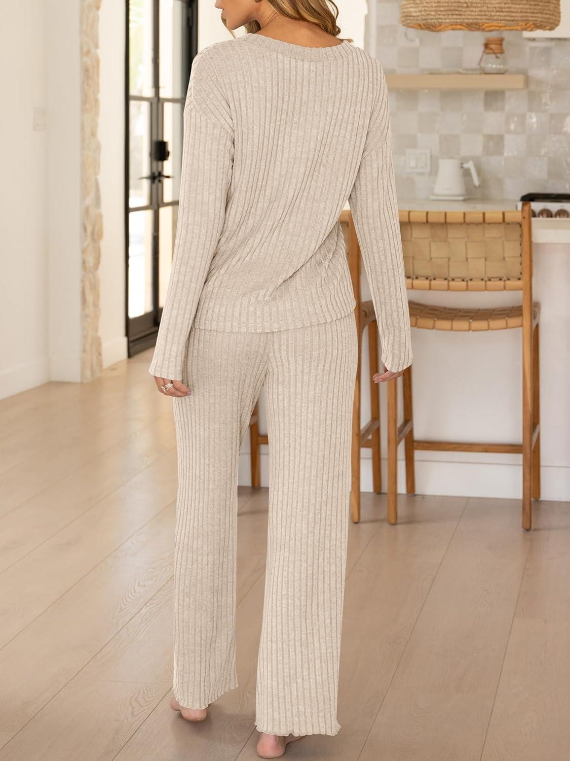 imageANRABESS Womens 2 Piece Lounge Pajama Sets Ribbed Long Sleeve Button Top Matching Pants Sleepwear PJ Set 2025 Fall OutfitsLight Khaki