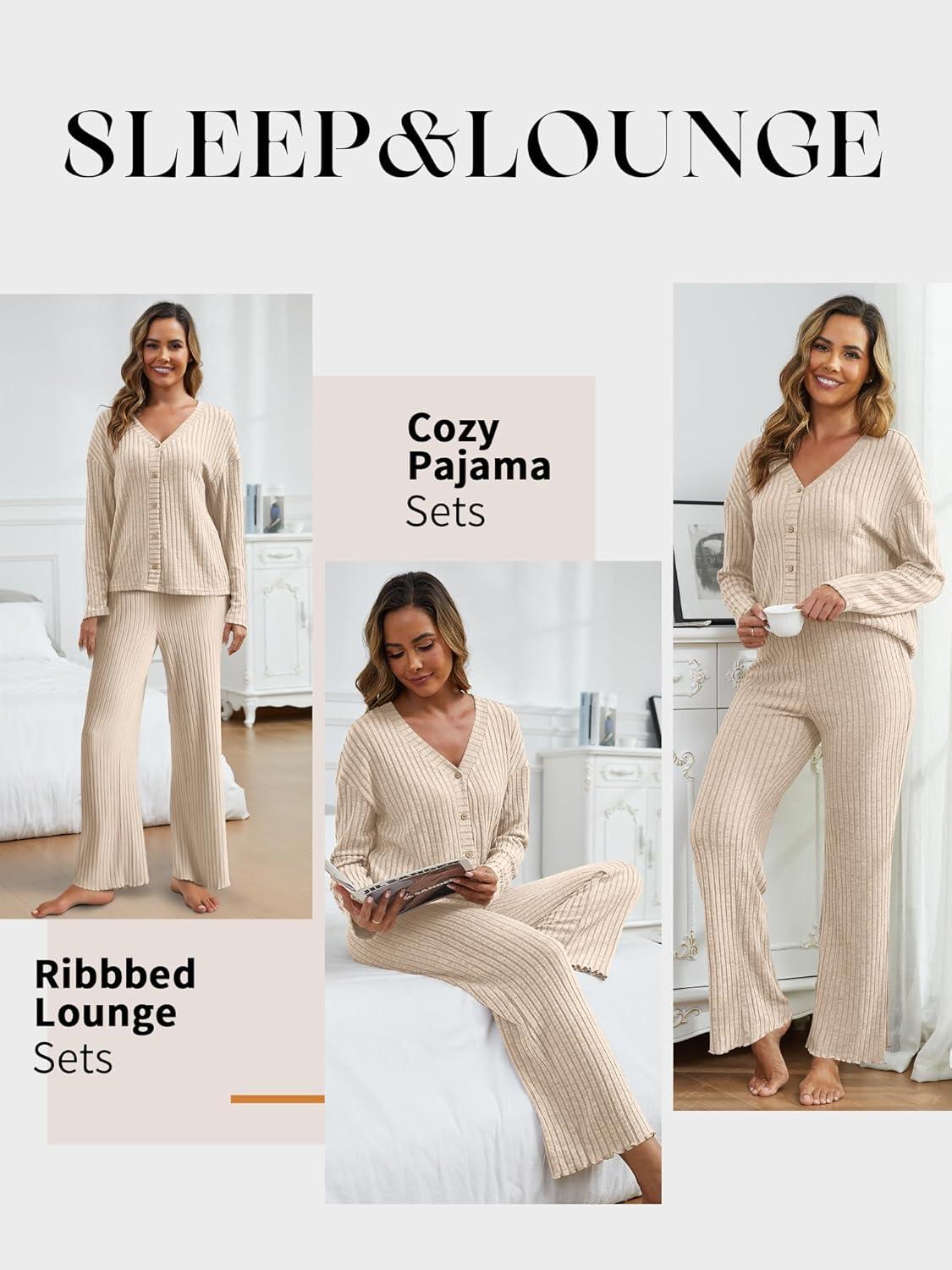 imageANRABESS Womens 2 Piece Lounge Pajama Sets Ribbed Long Sleeve Button Top Matching Pants Sleepwear PJ Set 2025 Fall OutfitsLight Khaki