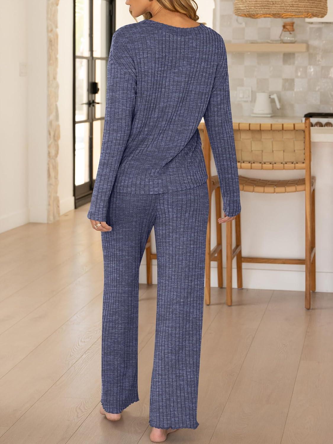 imageANRABESS Womens 2 Piece Lounge Pajama Sets Ribbed Long Sleeve Button Top Matching Pants Sleepwear PJ Set 2025 Fall OutfitsNavy Blue