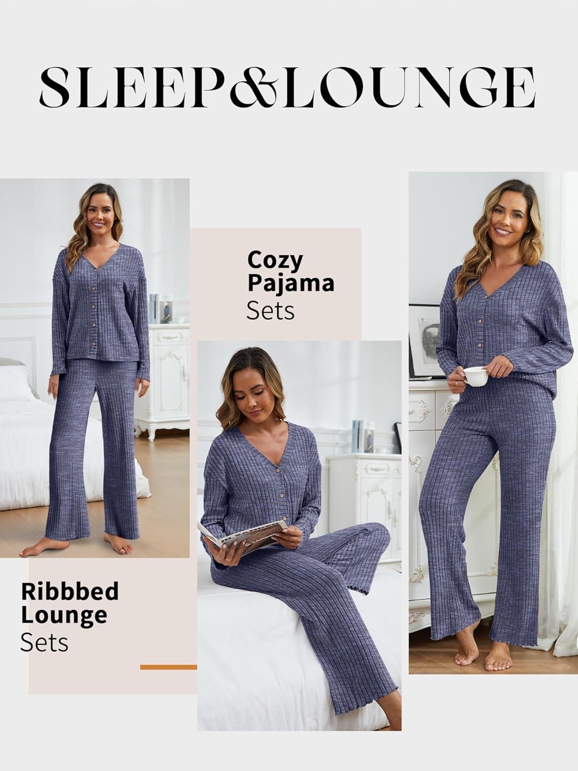 imageANRABESS Womens 2 Piece Lounge Pajama Sets Ribbed Long Sleeve Button Top Matching Pants Sleepwear PJ Set 2025 Fall OutfitsNavy Blue