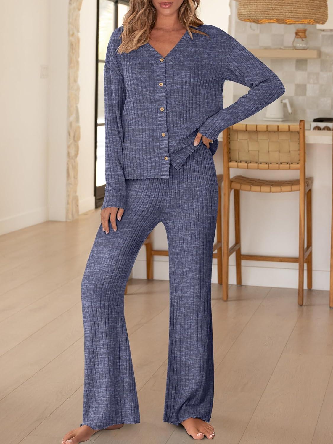 imageANRABESS Womens 2 Piece Lounge Pajama Sets Ribbed Long Sleeve Button Top Matching Pants Sleepwear PJ Set 2025 Fall OutfitsNavy Blue