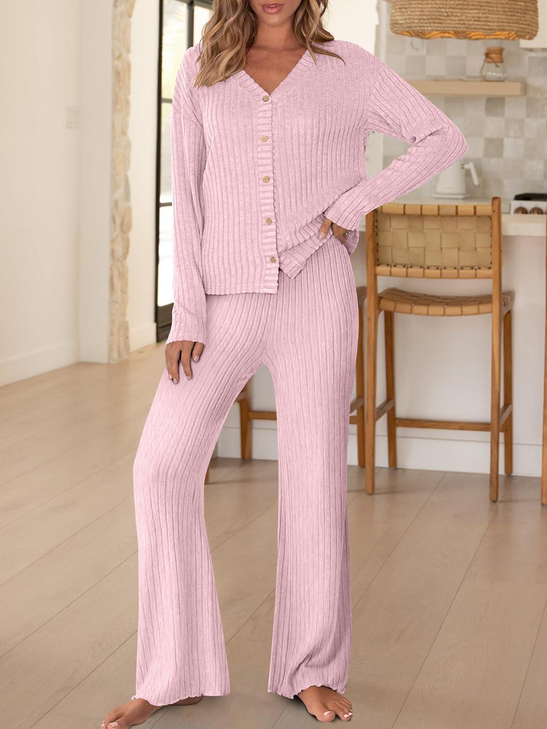 imageANRABESS Womens 2 Piece Lounge Pajama Sets Ribbed Long Sleeve Button Top Matching Pants Sleepwear PJ Set 2025 Fall OutfitsPink Yarrow