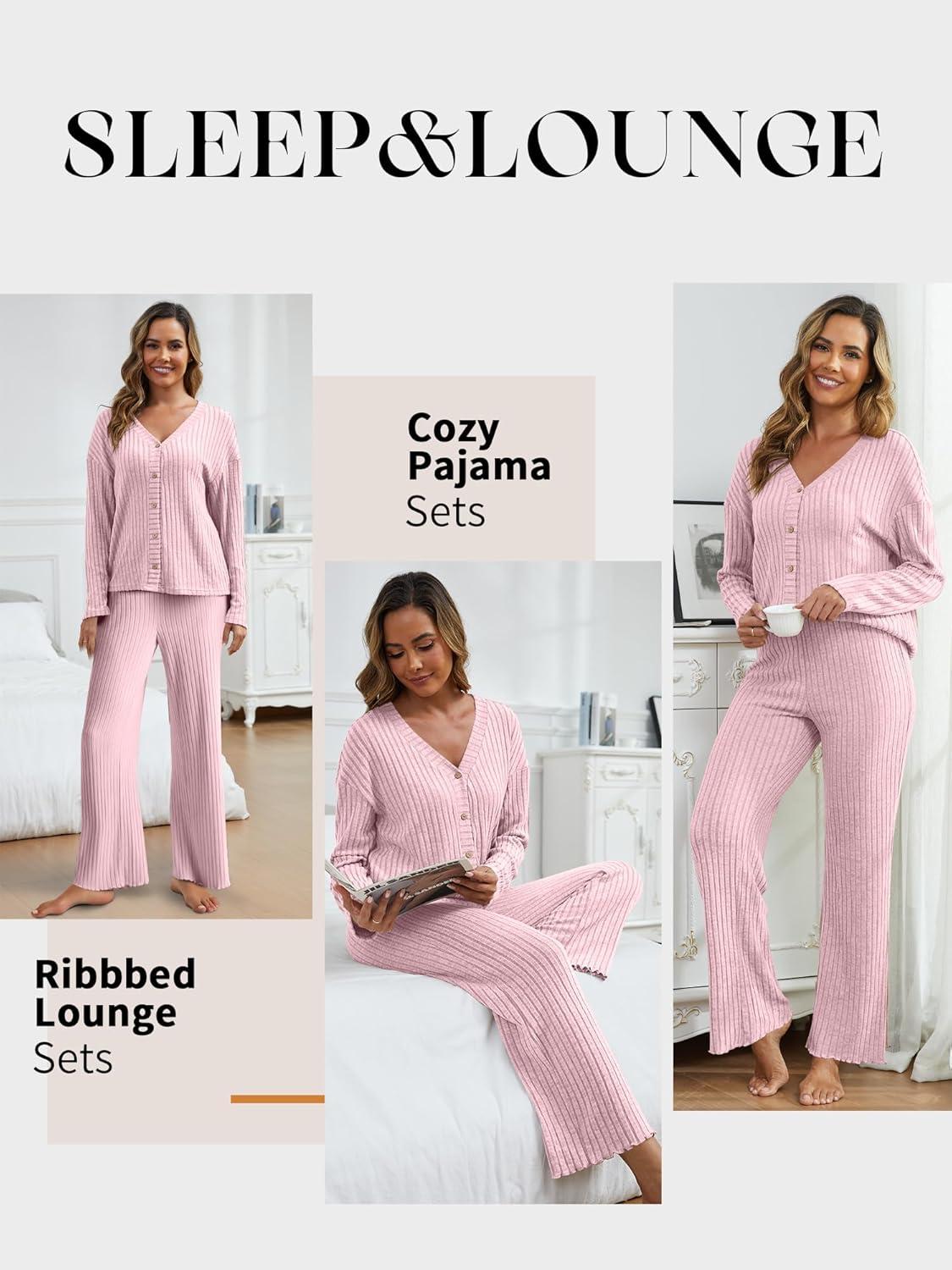 imageANRABESS Womens 2 Piece Lounge Pajama Sets Ribbed Long Sleeve Button Top Matching Pants Sleepwear PJ Set 2025 Fall OutfitsPink Yarrow