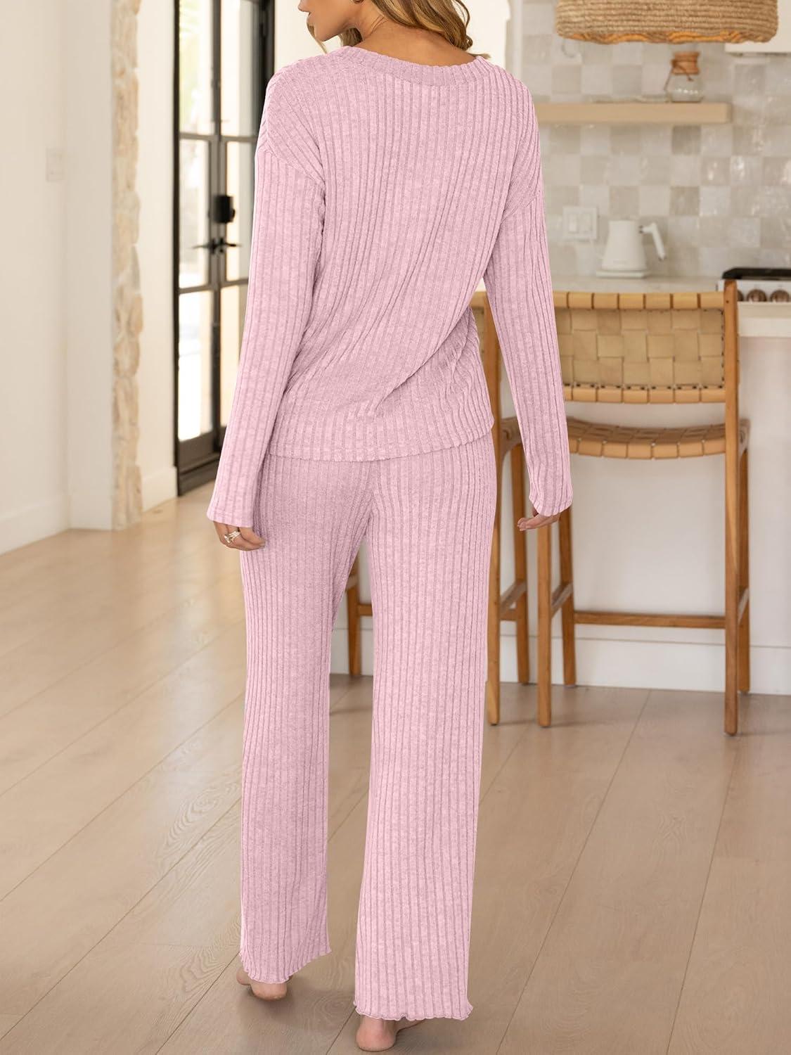 imageANRABESS Womens 2 Piece Lounge Pajama Sets Ribbed Long Sleeve Button Top Matching Pants Sleepwear PJ Set 2025 Fall OutfitsPink Yarrow