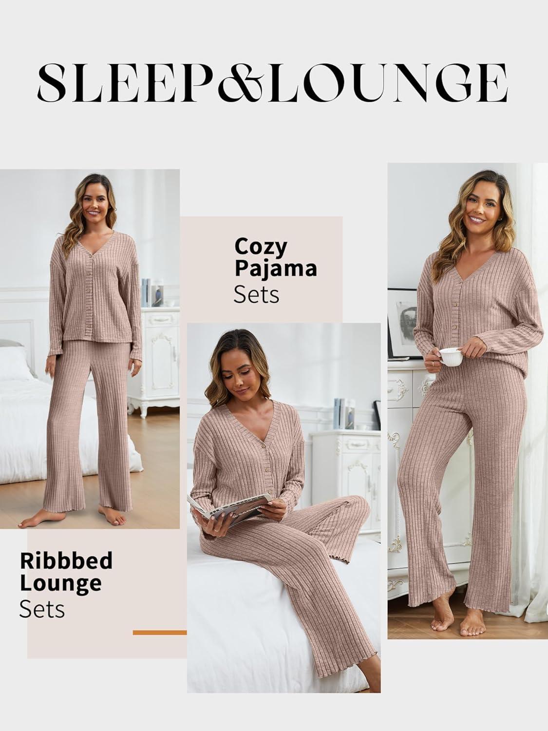 imageANRABESS Womens 2 Piece Lounge Pajama Sets Ribbed Long Sleeve Button Top Matching Pants Sleepwear PJ Set 2025 Fall OutfitsTan