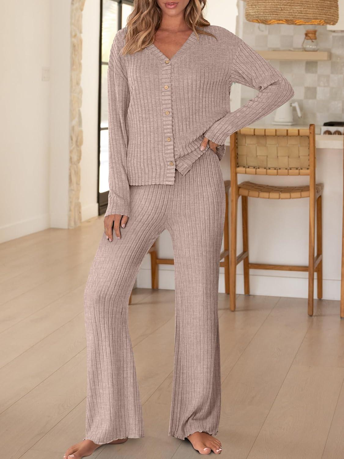 imageANRABESS Womens 2 Piece Lounge Pajama Sets Ribbed Long Sleeve Button Top Matching Pants Sleepwear PJ Set 2025 Fall OutfitsTan