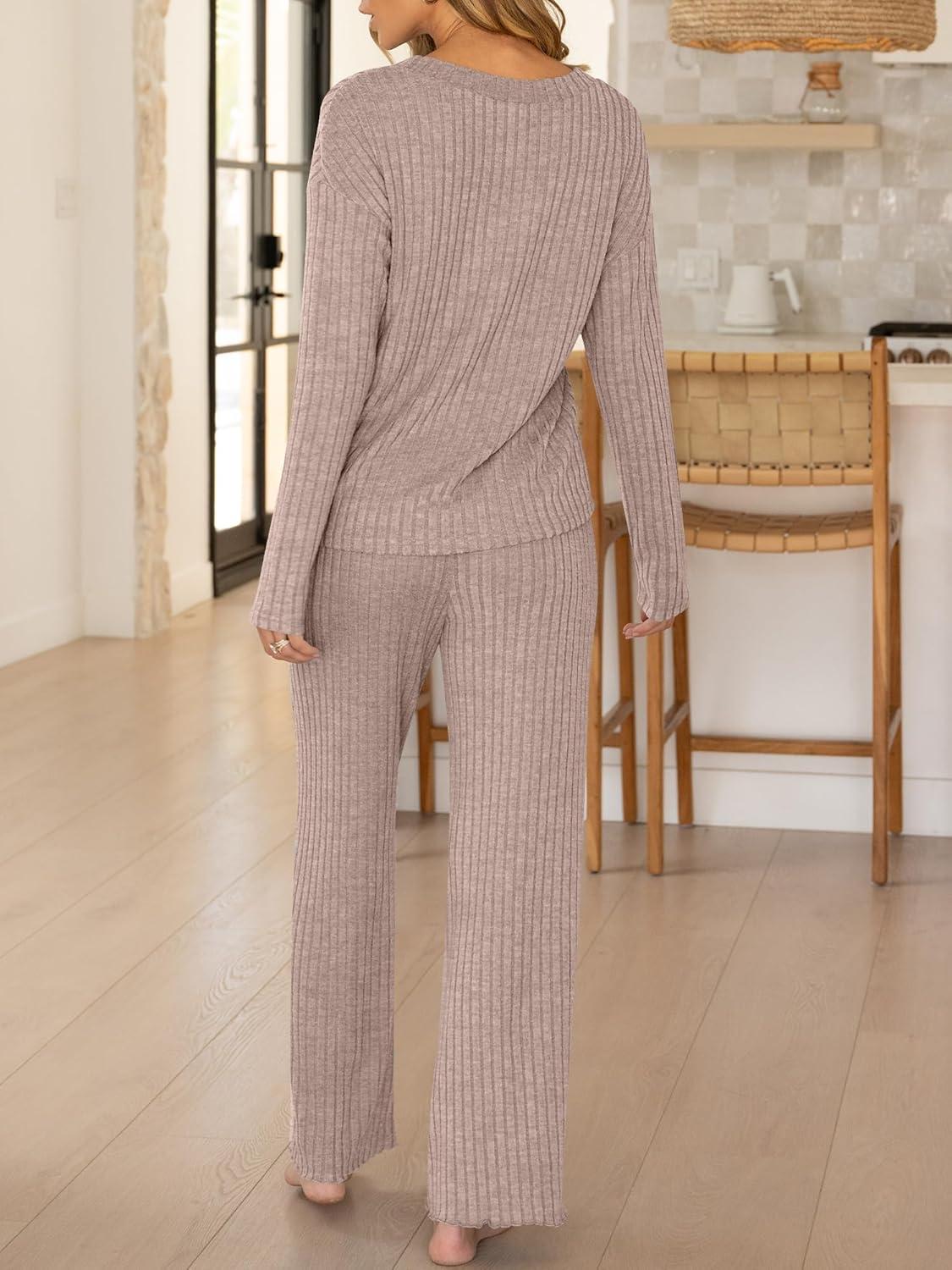 imageANRABESS Womens 2 Piece Lounge Pajama Sets Ribbed Long Sleeve Button Top Matching Pants Sleepwear PJ Set 2025 Fall OutfitsTan