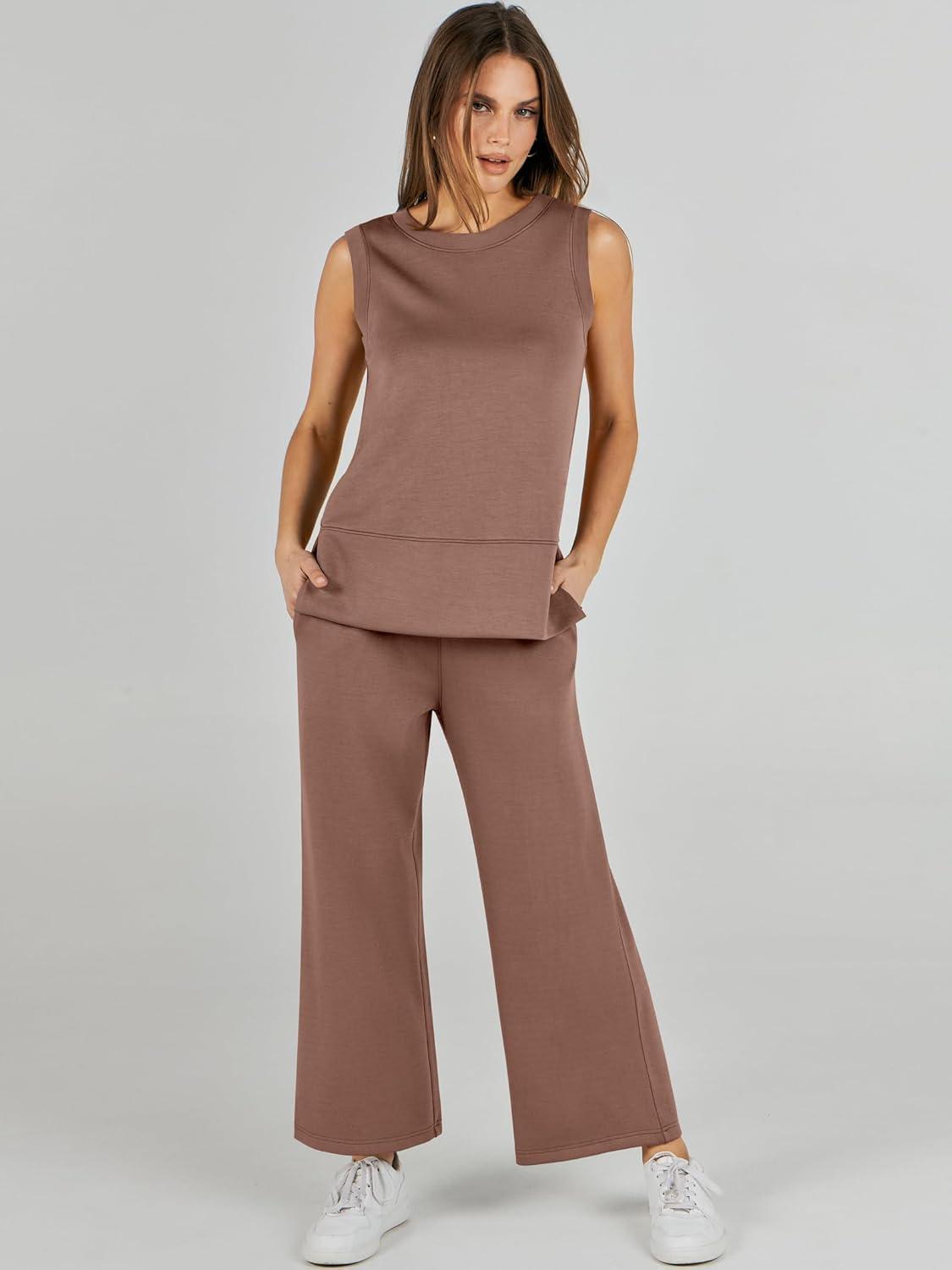 imageANRABESS Womens 2 Piece Outfits 2025 Summer Beach Vacation Clothes Fall Travel Casual Lounge Matching Sets SweatsuitsBrown