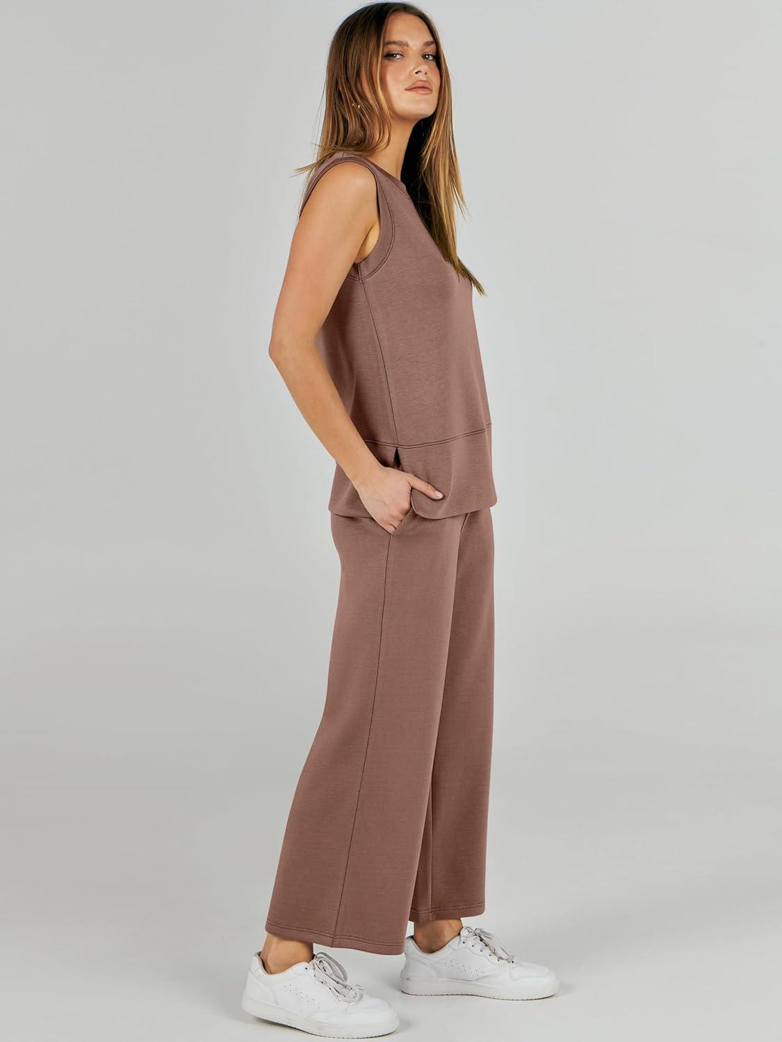 imageANRABESS Womens 2 Piece Outfits 2025 Summer Beach Vacation Clothes Fall Travel Casual Lounge Matching Sets SweatsuitsBrown