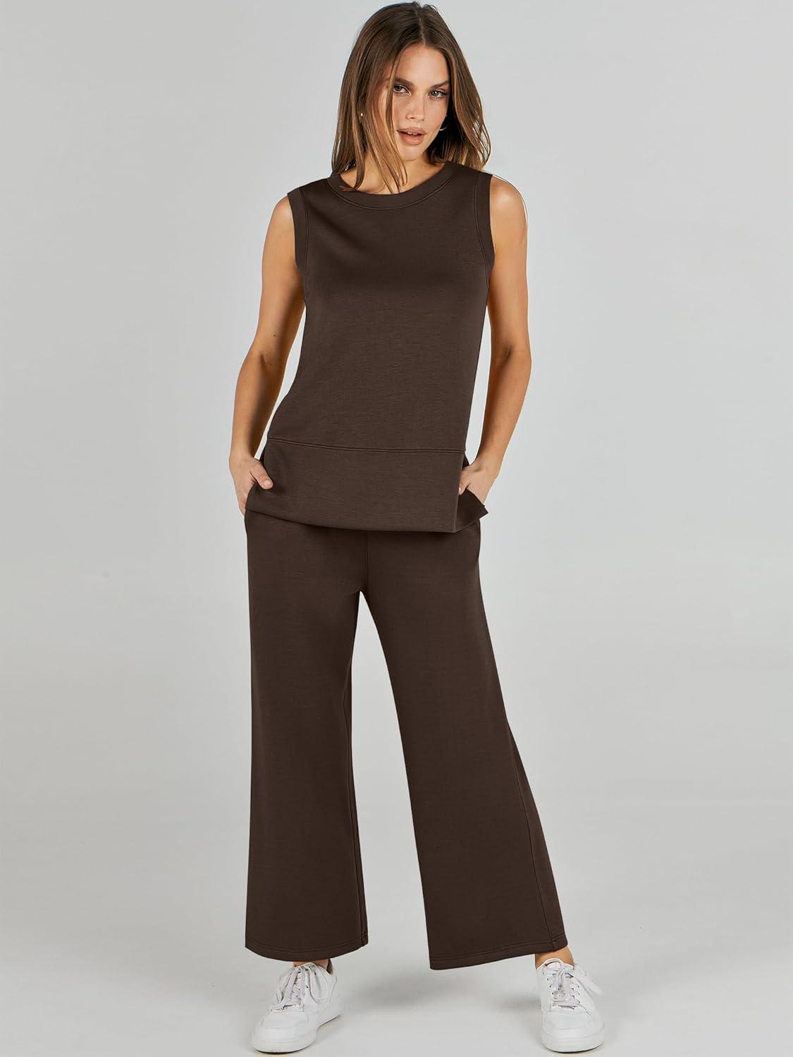 imageANRABESS Womens 2 Piece Outfits 2025 Summer Beach Vacation Clothes Fall Travel Casual Lounge Matching Sets SweatsuitsCoffee