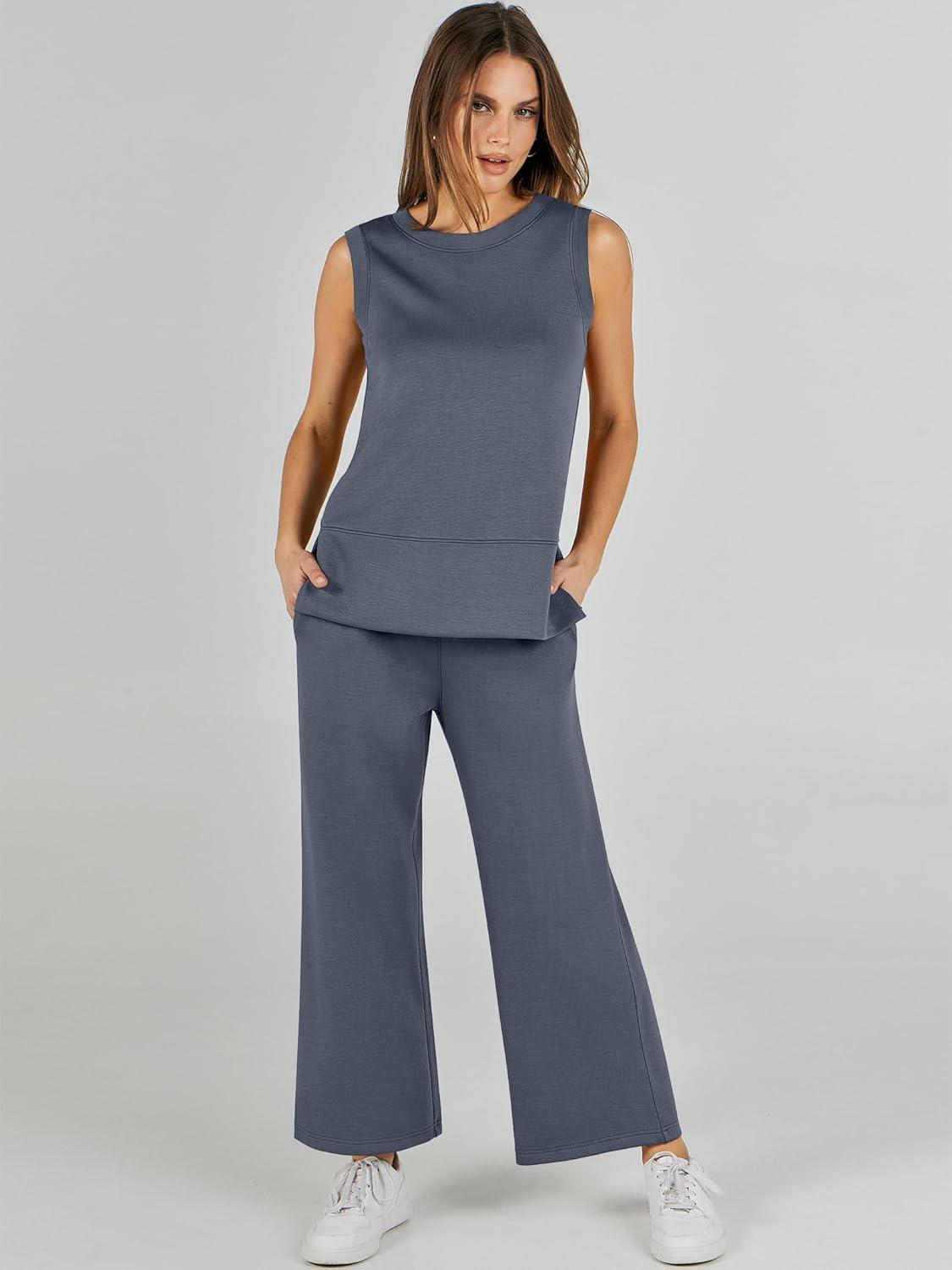 imageANRABESS Womens 2 Piece Outfits 2025 Summer Beach Vacation Clothes Fall Travel Casual Lounge Matching Sets SweatsuitsGrey Blue