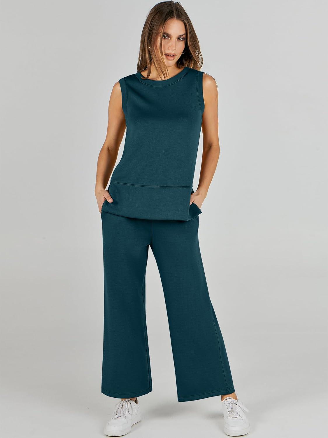 imageANRABESS Womens 2 Piece Outfits 2025 Summer Beach Vacation Clothes Fall Travel Casual Lounge Matching Sets SweatsuitsLake Green