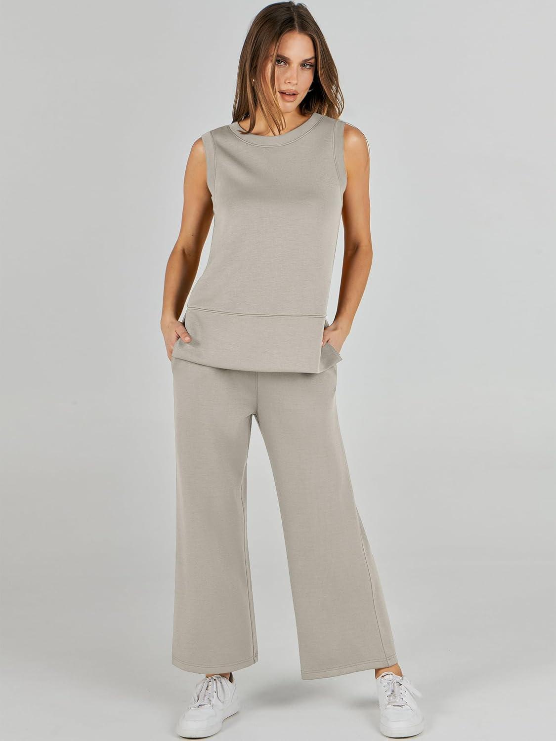 imageANRABESS Womens 2 Piece Outfits 2025 Summer Beach Vacation Clothes Fall Travel Casual Lounge Matching Sets SweatsuitsLight Beige