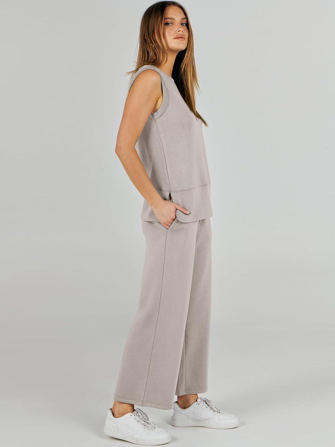 imageANRABESS Womens 2 Piece Outfits 2025 Summer Beach Vacation Clothes Fall Travel Casual Lounge Matching Sets SweatsuitsLight Khaki