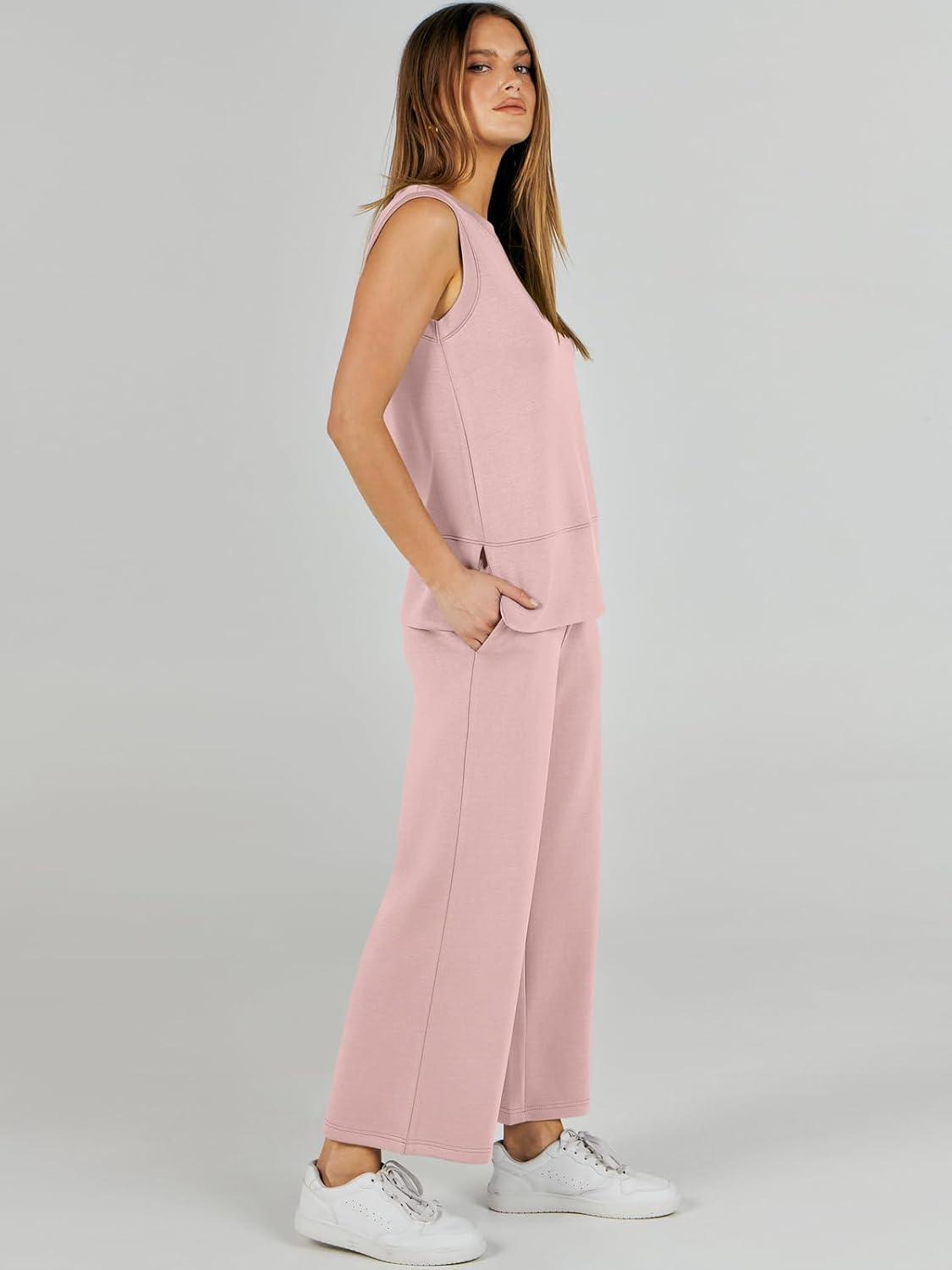 imageANRABESS Womens 2 Piece Outfits 2025 Summer Beach Vacation Clothes Fall Travel Casual Lounge Matching Sets SweatsuitsLight Pink