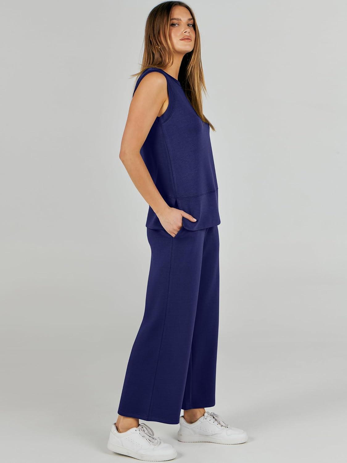 imageANRABESS Womens 2 Piece Outfits 2025 Summer Beach Vacation Clothes Fall Travel Casual Lounge Matching Sets SweatsuitsNavy