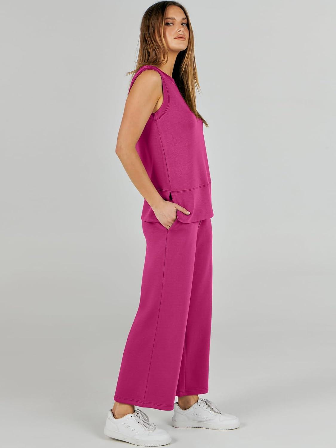 imageANRABESS Womens 2 Piece Outfits 2025 Summer Beach Vacation Clothes Fall Travel Casual Lounge Matching Sets SweatsuitsRose Red