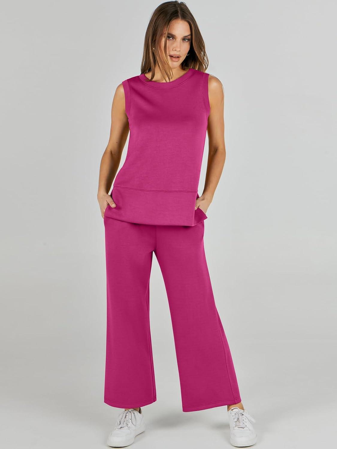 imageANRABESS Womens 2 Piece Outfits 2025 Summer Beach Vacation Clothes Fall Travel Casual Lounge Matching Sets SweatsuitsRose Red