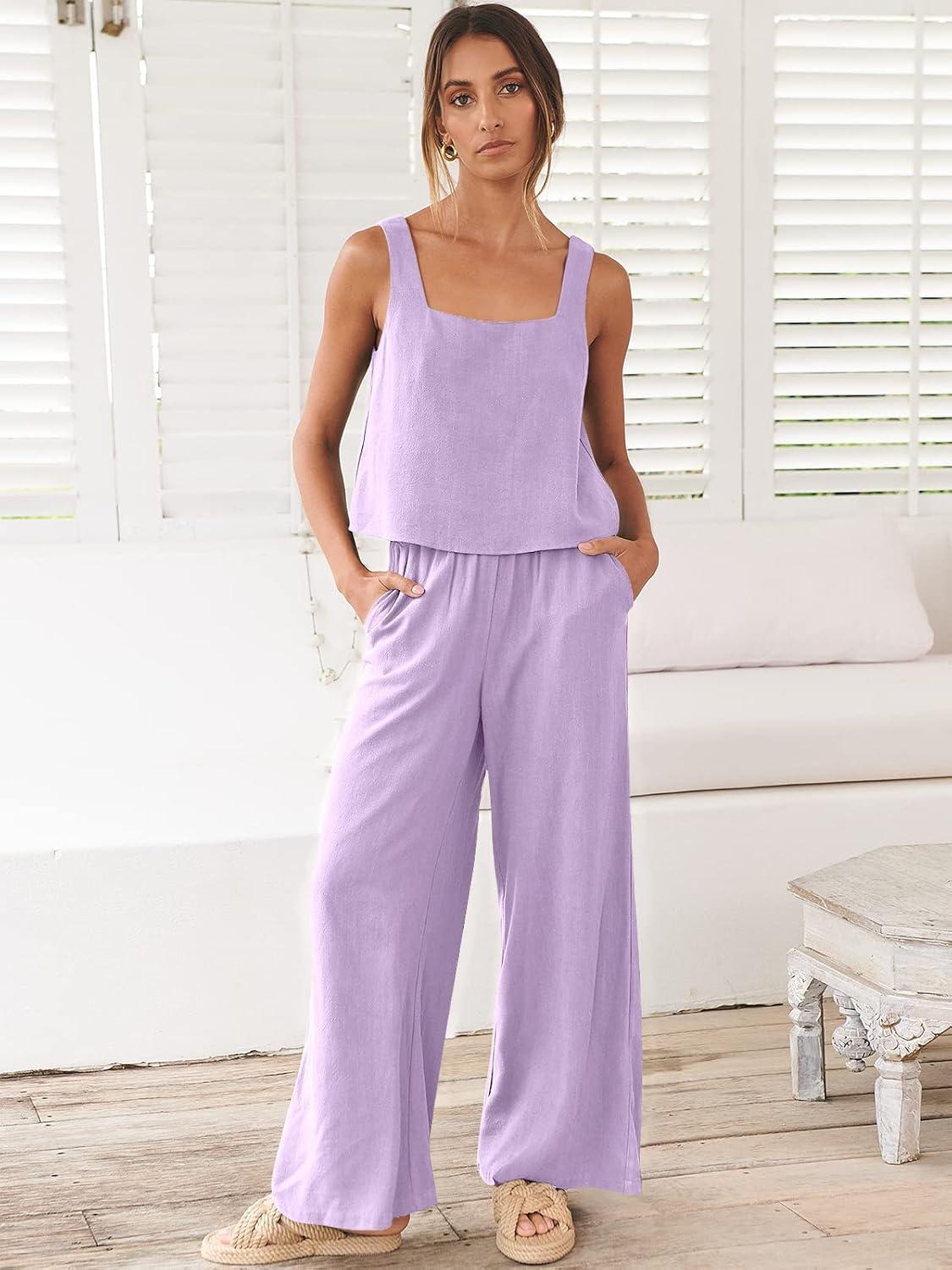 imageANRABESS Womens 2 Piece Outfits Linen Pants Jumpsuit Matching Lounge Set Casual Summer Beach Vacation Trendy ClothesPurple