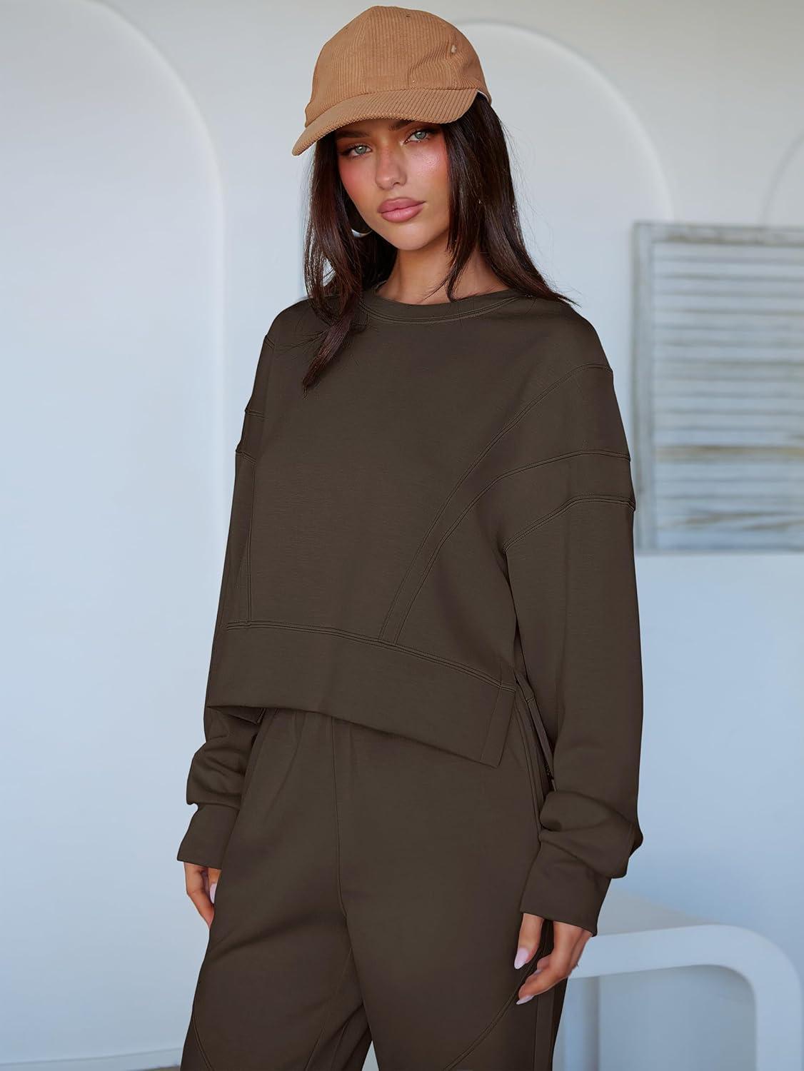 imageANRABESS Womens 2 Piece Outfits Lounge Sets Cropped Sweatshirt Joggers Fashion Sweatsuit Sweat Set 2025 Winter Travel OutfitsCoffee