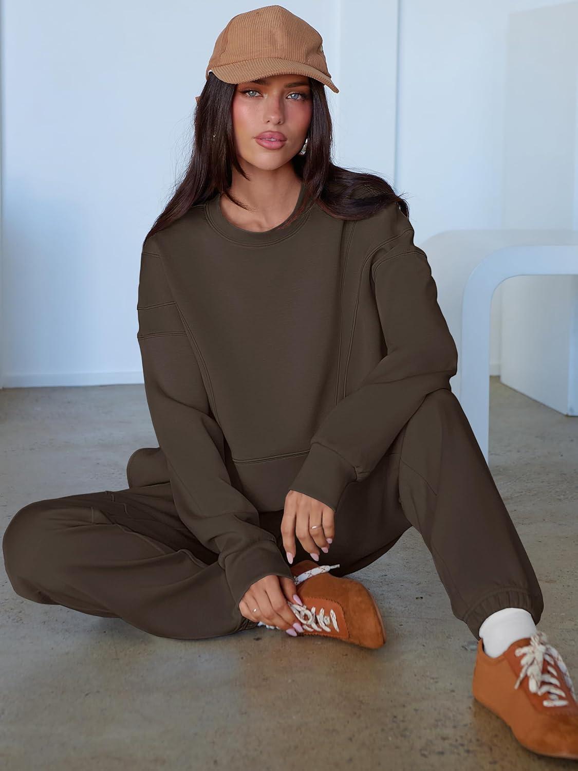 imageANRABESS Womens 2 Piece Outfits Lounge Sets Cropped Sweatshirt Joggers Fashion Sweatsuit Sweat Set 2025 Winter Travel OutfitsCoffee