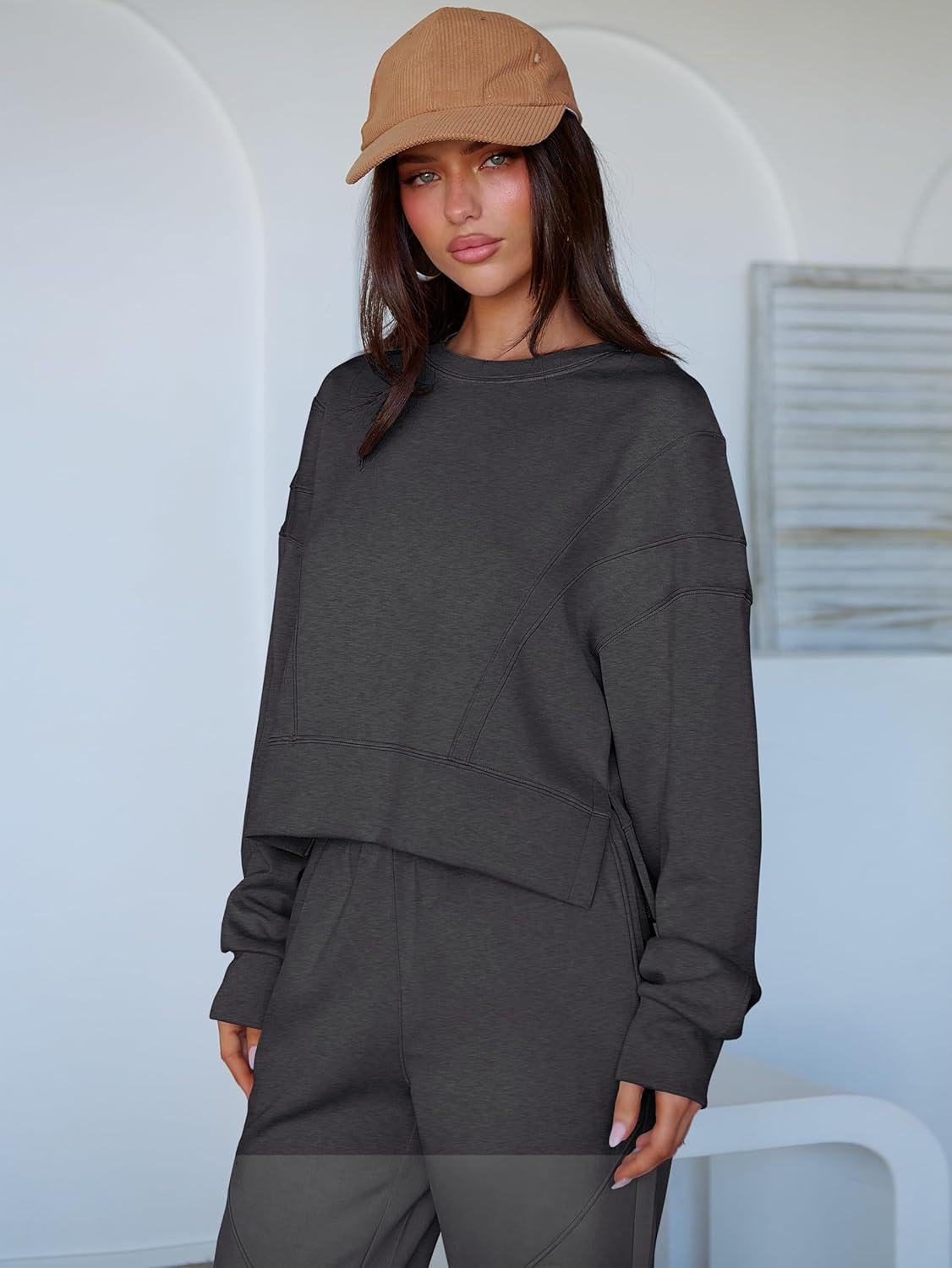 imageANRABESS Womens 2 Piece Outfits Lounge Sets Cropped Sweatshirt Joggers Fashion Sweatsuit Sweat Set 2025 Winter Travel OutfitsDark Grey