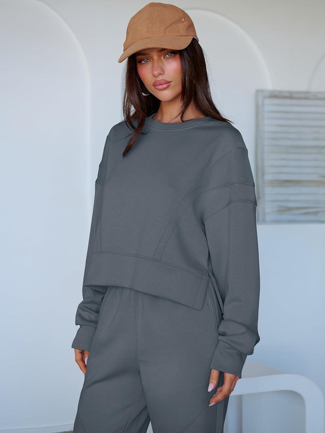 imageANRABESS Womens 2 Piece Outfits Lounge Sets Cropped Sweatshirt Joggers Fashion Sweatsuit Sweat Set 2025 Winter Travel OutfitsLeaden