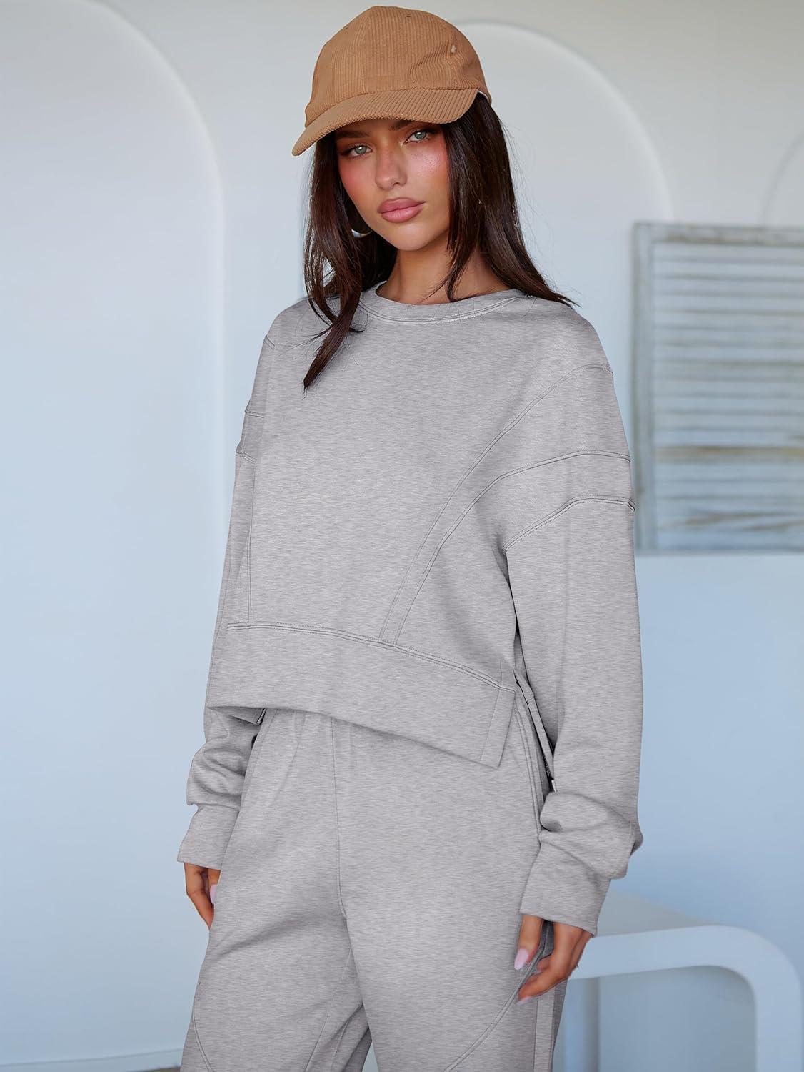 imageANRABESS Womens 2 Piece Outfits Lounge Sets Cropped Sweatshirt Joggers Fashion Sweatsuit Sweat Set 2025 Winter Travel OutfitsLight Grey