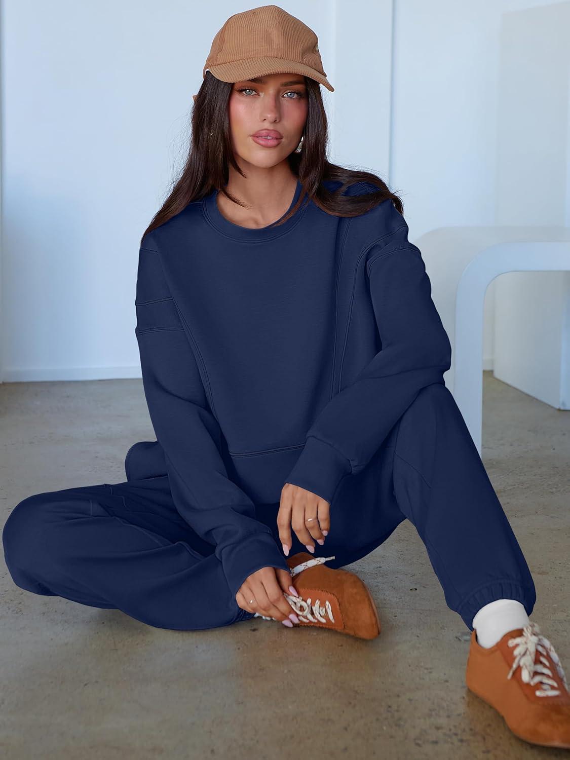 imageANRABESS Womens 2 Piece Outfits Lounge Sets Cropped Sweatshirt Joggers Fashion Sweatsuit Sweat Set 2025 Winter Travel OutfitsNavy Blue