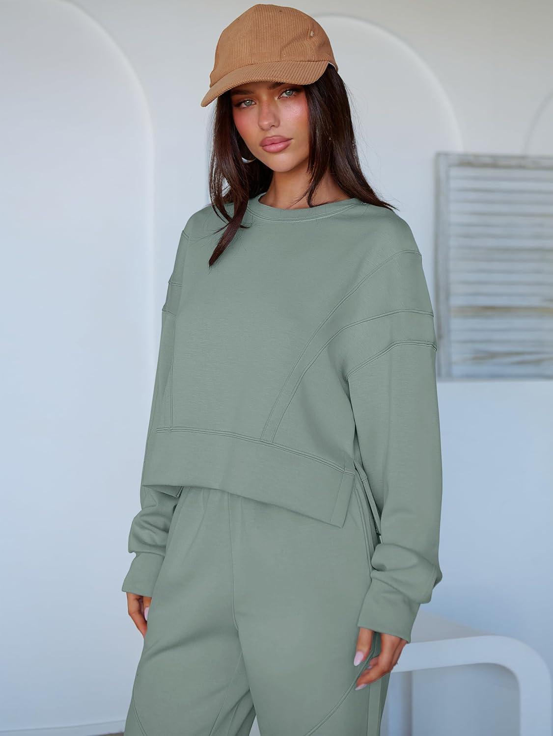 imageANRABESS Womens 2 Piece Outfits Lounge Sets Cropped Sweatshirt Joggers Fashion Sweatsuit Sweat Set 2025 Winter Travel OutfitsPea Green