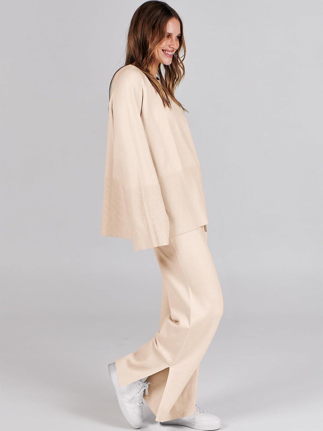 imageANRABESS Womens 2 Piece Outfits Oversized Knit Sweater Set Wide Leg Pant Cozy Lounge Matching Pajama Sets 2025 Trendy ClothesApricot