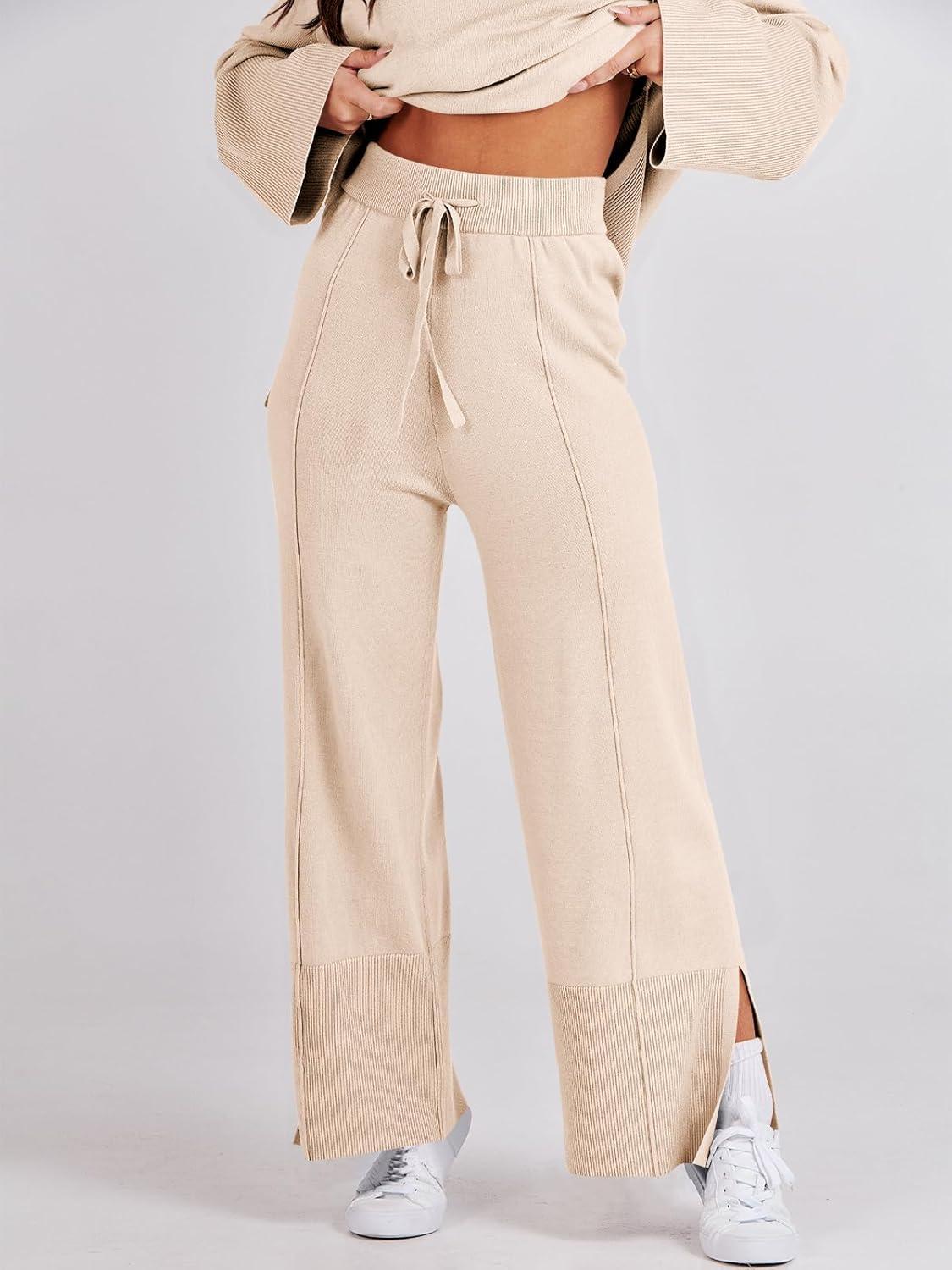 imageANRABESS Womens 2 Piece Outfits Oversized Knit Sweater Set Wide Leg Pant Cozy Lounge Matching Pajama Sets 2025 Trendy ClothesApricot